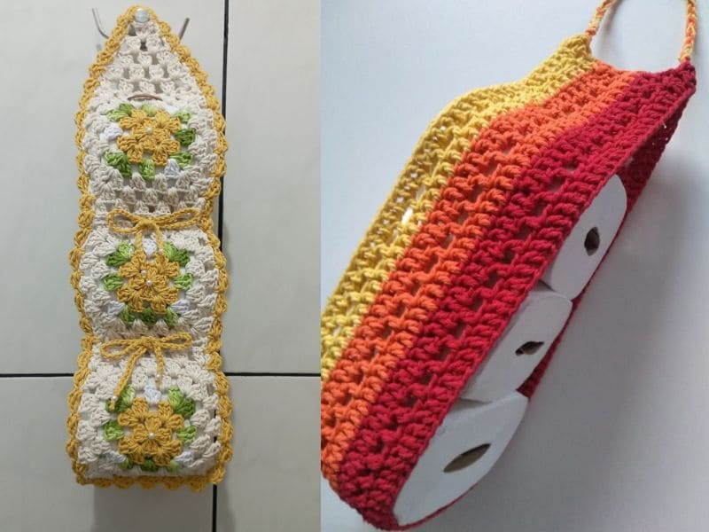Dois porta-papel higiênico de crochê diferentes: um vertical com motivo floral e outro horizontal em degradê de cores.