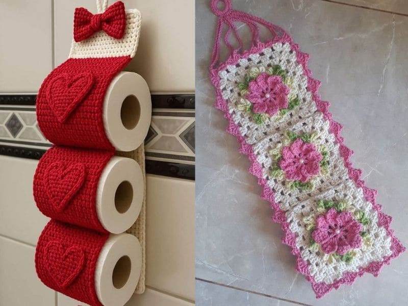 Dois tipos de porta papel higiênico de crochê, um com design vermelho com corações e laço, o outro com quadrados e flores rosa.