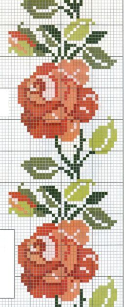 Padrão de ponto cruz com duas rosas cor de pêssego e folhas verdes em fundo quadriculado branco.