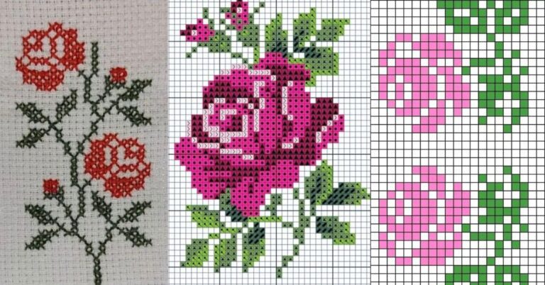 Gráficos de rosas em ponto cruz, em vermelho e rosa, com folhas verdes.