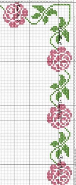 Gráfico de ponto cruz com rosas e folhas em padrão repetido, ideal para bordar.