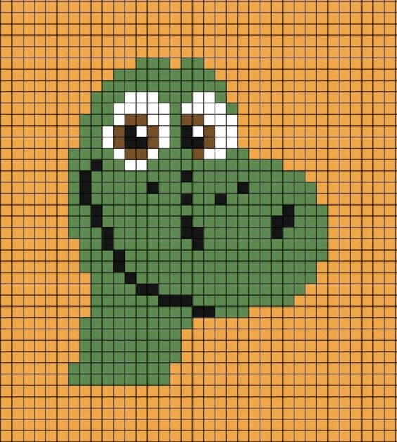 Rosto de dinossauro verde em ponto cruz com fundo laranja quadriculado.