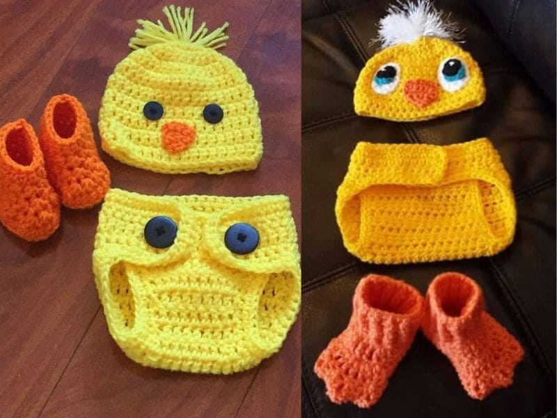 Conjunto infantil de crochê de pato: touca amarela com bico laranja, tapa fraldas amarelo com botões e sapatinhos laranjas.