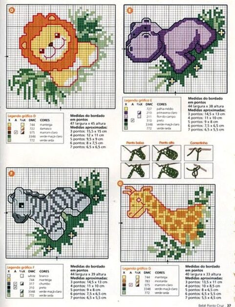 Gráficos de ponto cruz mostrando um leão, hipopótamo, zebra e girafa estilizados em pixel art, parte de um tema de safari.