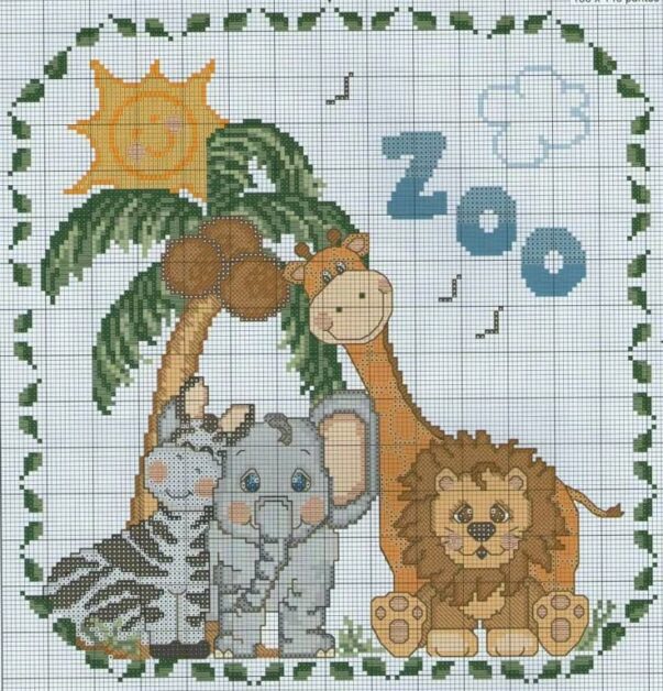 Gráfico de ponto cruz de um safari com leão, girafa, elefante e zebra sob uma palmeira, com a palavra 'Zoo' e um sol sorrindo.