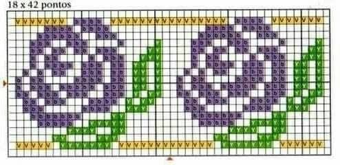 Gráfico de ponto cruz com duas rosas estilizadas em tons de roxo e folhas verdes, delimitado por bordas douradas.