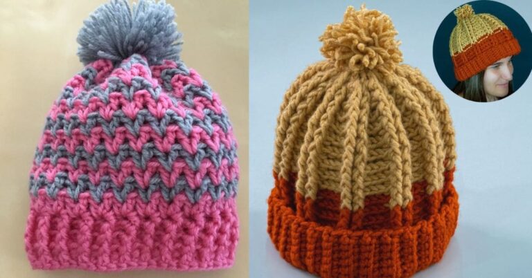 Duas toucas de crochê femininas com pompom: uma rosa e cinza, e outra em tons de bege e laranja.