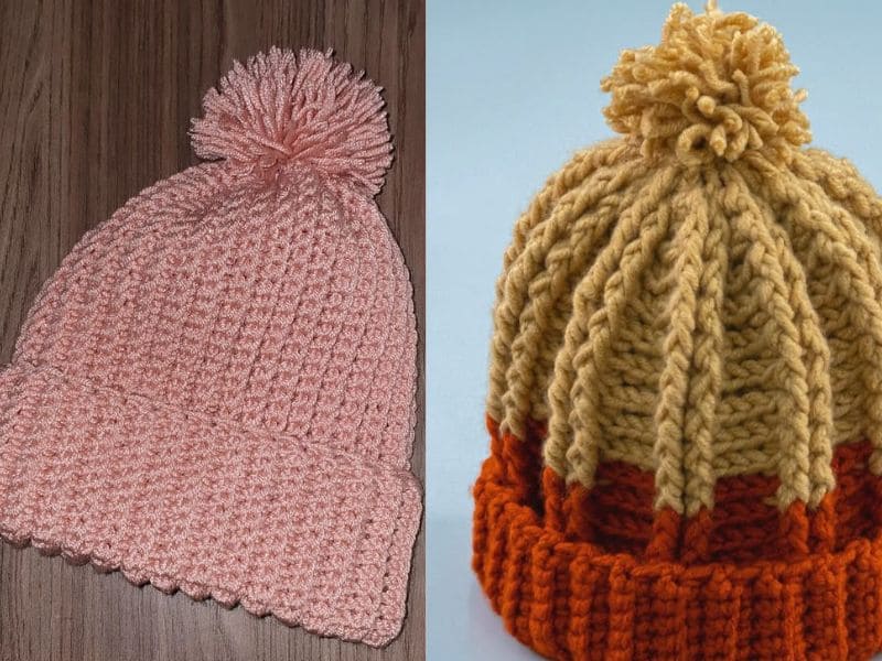 Duas toucas de crochê femininas, uma rosa e outra em tons de marrom e laranja, ambas com pompom.