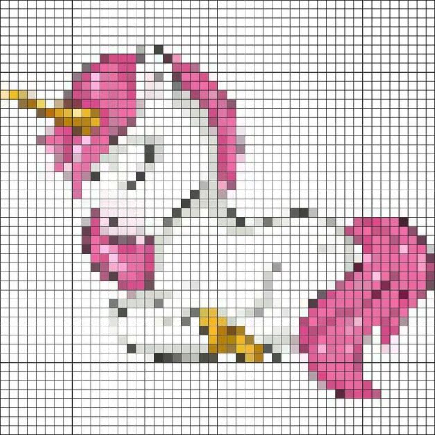 Gráfico de ponto cruz mostrando um unicórnio cor de rosa dormindo, com crina e rabo rosa, chifre dourado, tudo em estilo pixel art.