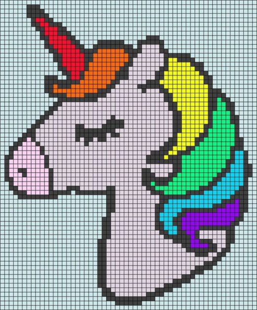 Gráfico de ponto cruz de um unicórnio elegante com crina e chifre coloridos.