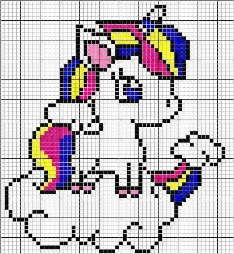 Gráfico de ponto cruz de um unicórnio branco sobre uma nuvem, com crina colorida em tons de rosa, amarelo e azul.