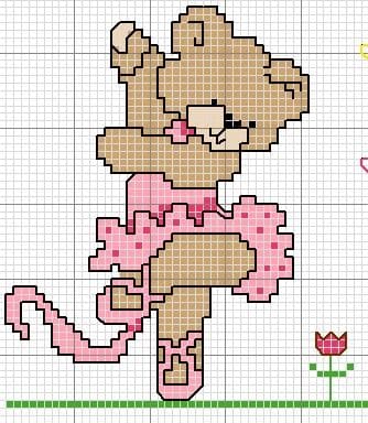 Gráfico de ponto cruz de uma ursinha bailarina em tutu rosa, em pose de balé.