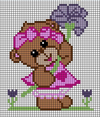 Gráfico de ponto cruz de uma ursinha fofa com laço rosa e flor lilás.