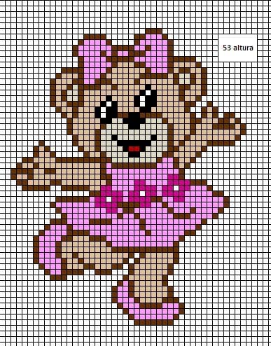 Gráfico de ponto cruz de uma ursinha dançarina com laço rosa na cabeça e vestido rosa com flores.
