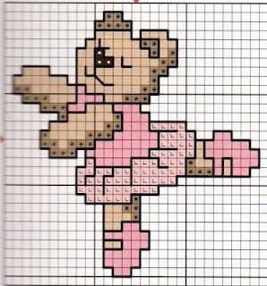 Gráfico de ponto cruz mostrando uma ursinha bailarina com vestido rosa, pronta para ser bordada.