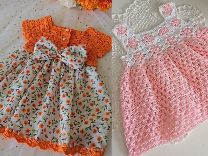 Dois vestidinhos de crochê infantil para festa: um com corpo de crochê laranja e saia estampada floral, outro inteiramente em crochê rosa e branco.