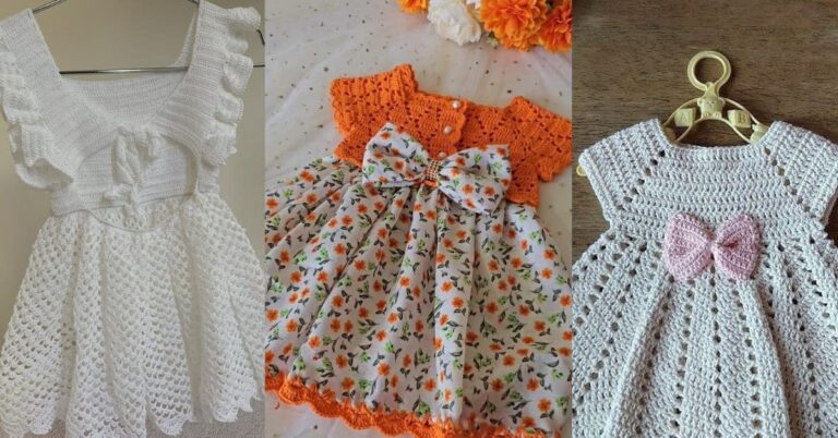 Colagem de fotos mostrando três vestidinhos de crochê infantil, ideais para festas, cada um com design e detalhes únicos.