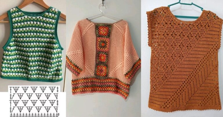 Três blusas de crochê femininas, cada uma com um design e cor distintos, penduradas em cabides.